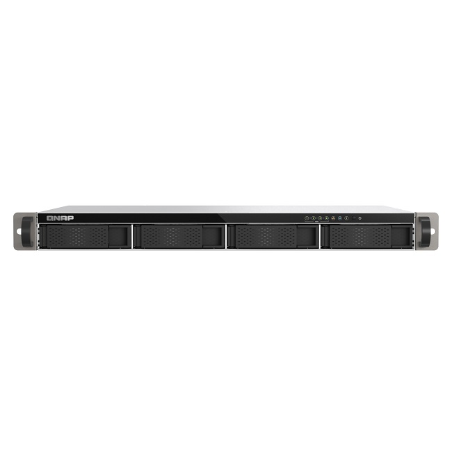 4-Bay quad-core 2.0 GHz short-depth 1U rackmount NAS with 100W power supply, 4GB RAM (not expandable), SATA 6Gb/s, 2 x 2.5 GbE LAN, Container Station